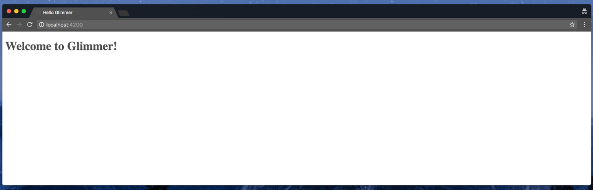 Screenshot of First Page of a New Glimmer App - Headline: Hello Glimmer!