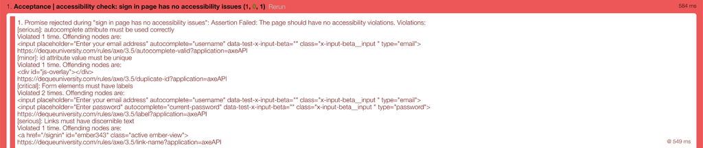 example of errors thrown by a11y in an acceptance test