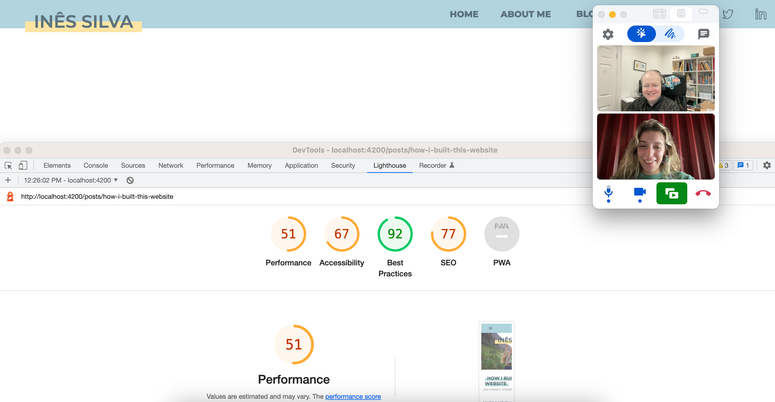 Pair programming session with Chris running lighthouse to check my website performace. 